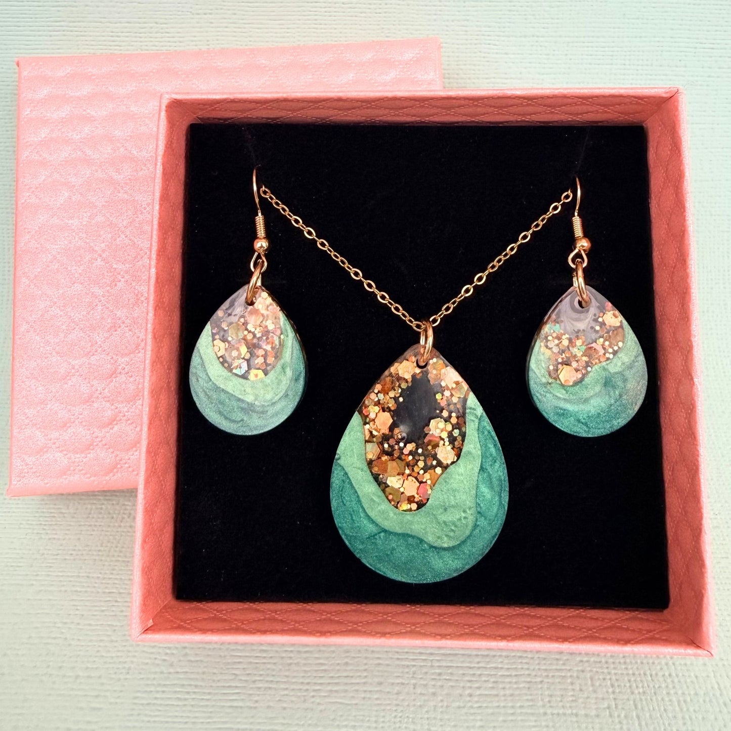Australian handmade necklace and earrings gift set in playful resin sparkle