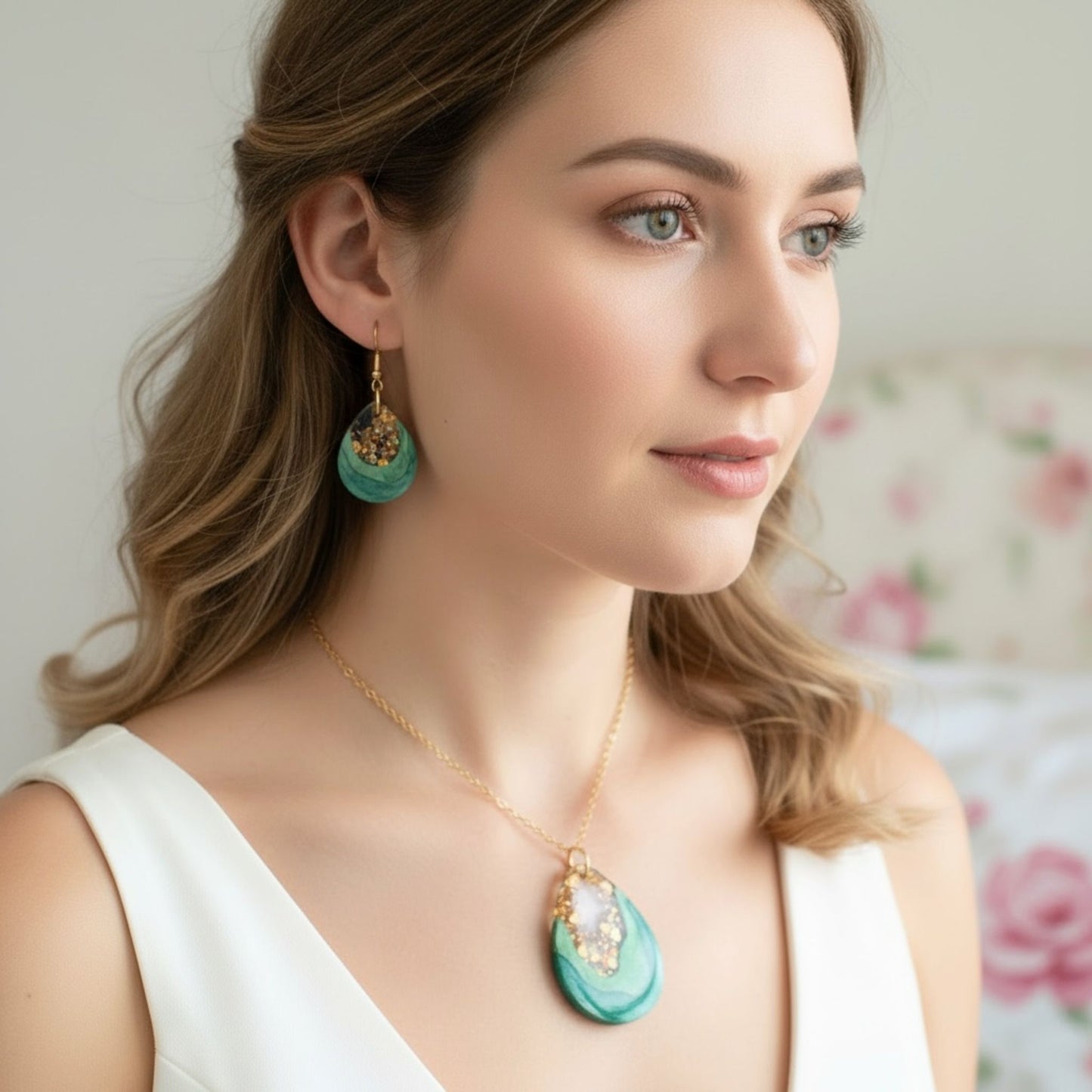 Australian handmade necklace and earrings gift set Emerald Geode worn for playful everyday style