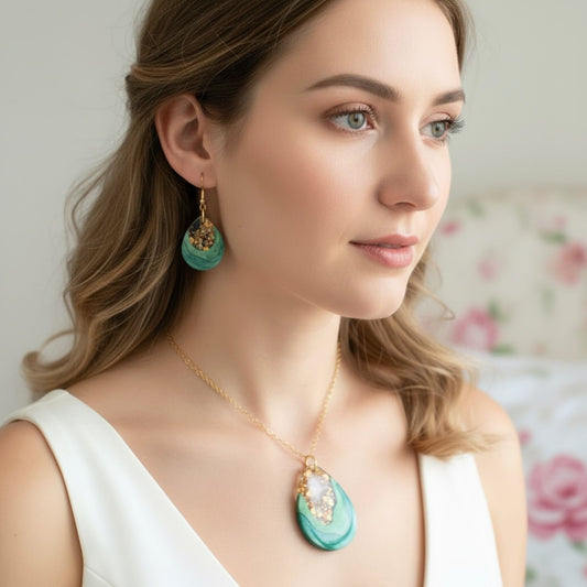 Australian handmade necklace and earrings gift set Emerald Geode worn for playful everyday style