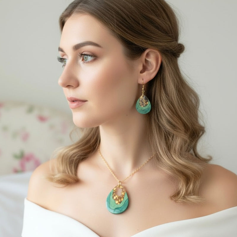 Australian handmade necklace and earrings gift set Emerald Geode worn for everyday sparkle