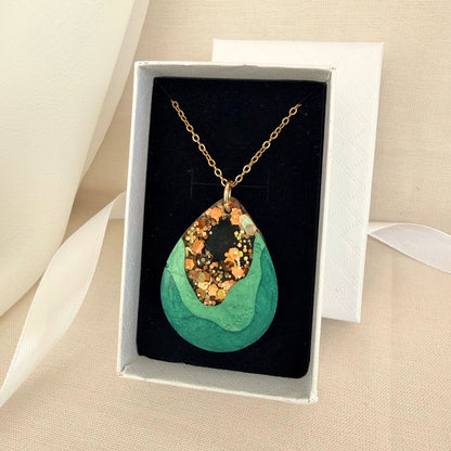 Australian handmade necklace Emerald Geode presented in gift box with ribbon.