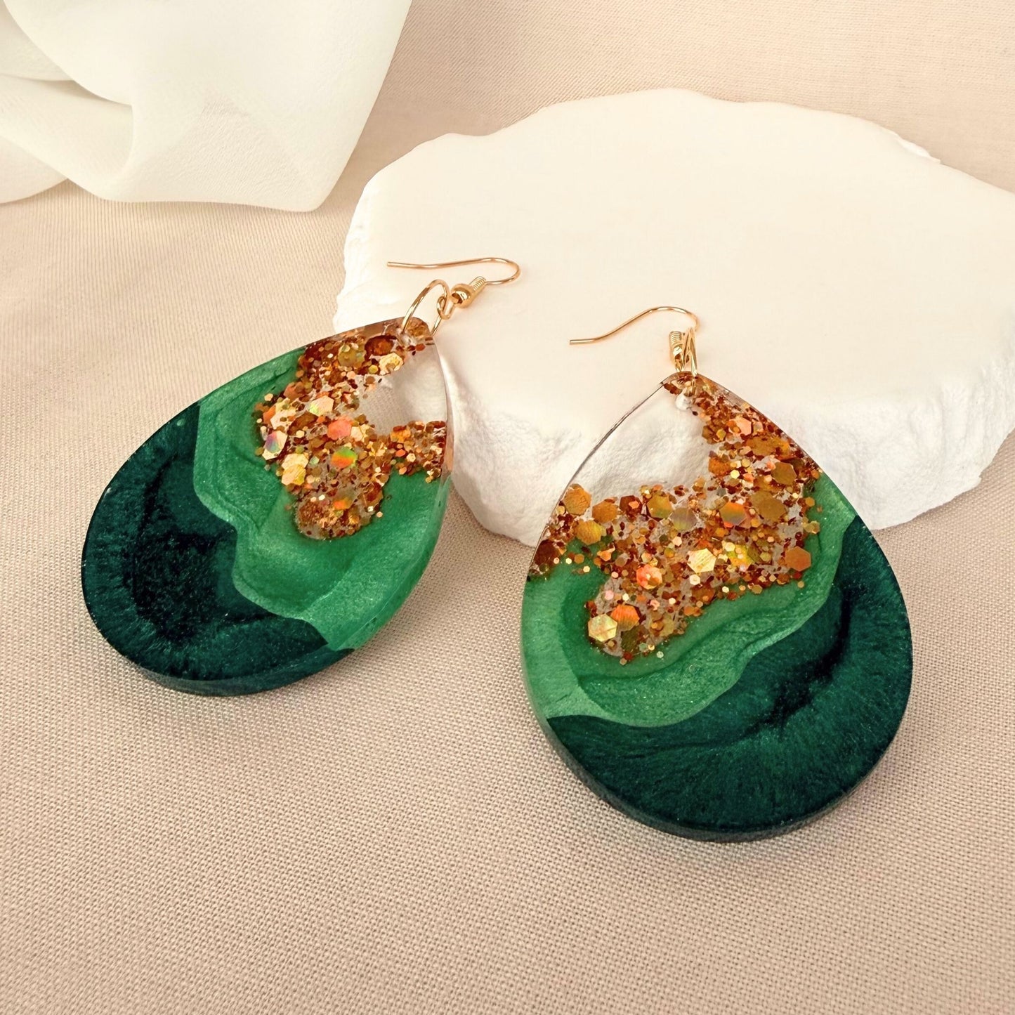Australian handmade statement earrings Emerald Geode in large size green and gold resin design