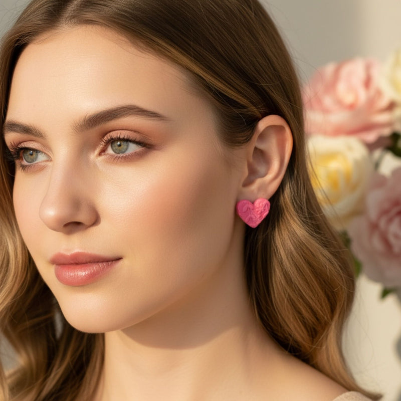Australian handmade stud earrings Floral Hearts worn for whimsical everyday style