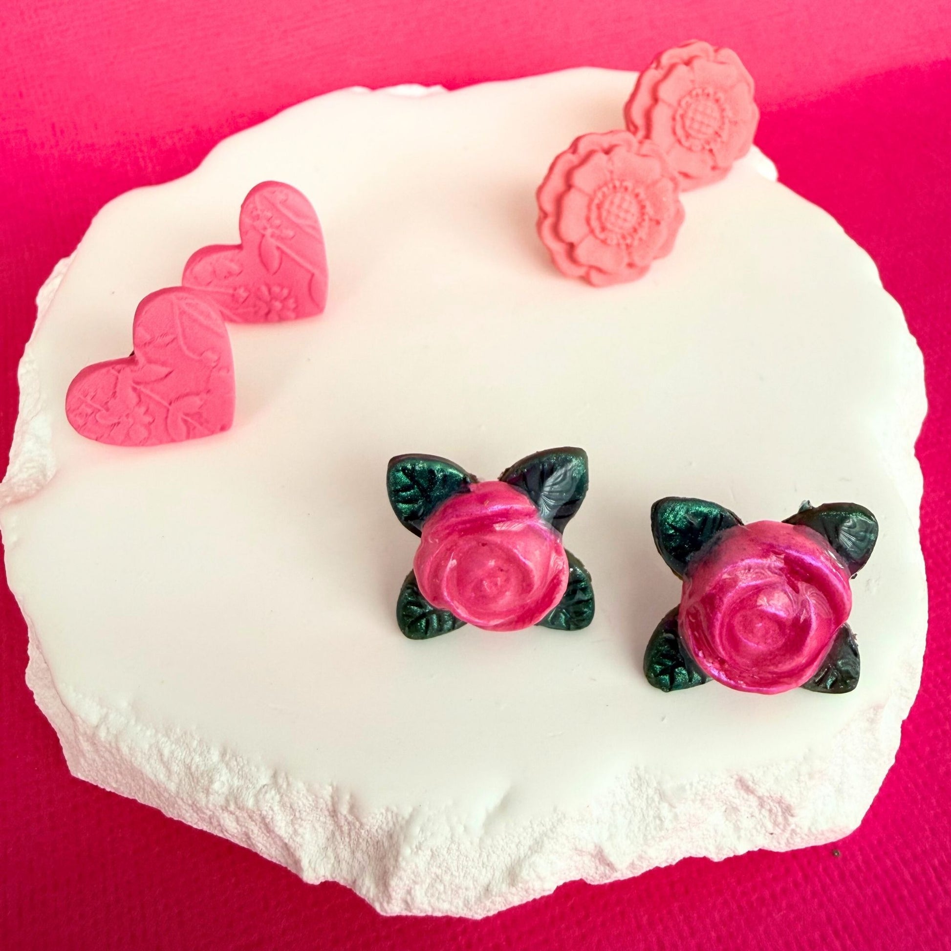 Australian handmade stud earrings Floral Hearts styled with other Katie Tilson Studios earrings