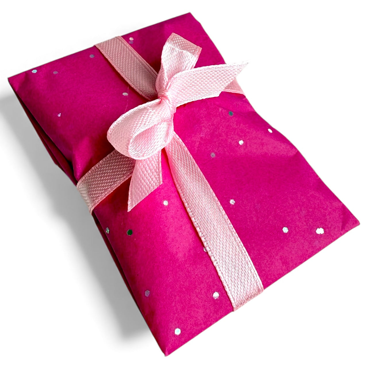 Pink gift package with a pink ribbon on a white background