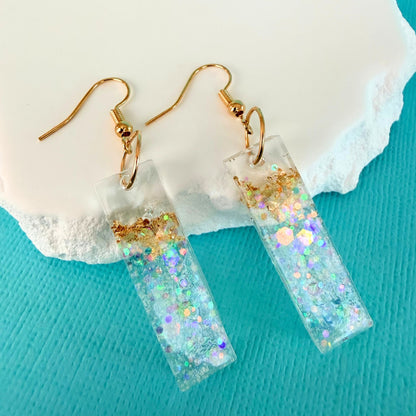 Australian handmade dangle earrings Gilded Shore Bars with sparkly resin charms