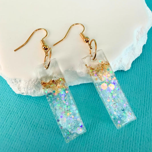 Australian handmade dangle earrings Gilded Shore Bars with sparkly resin charms