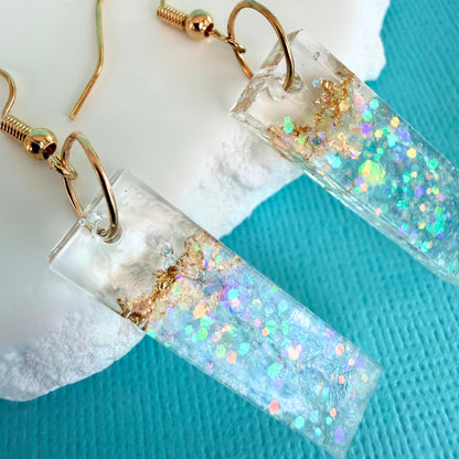 Close of lightweight handmade dangle earrings Gilded Shore Bars