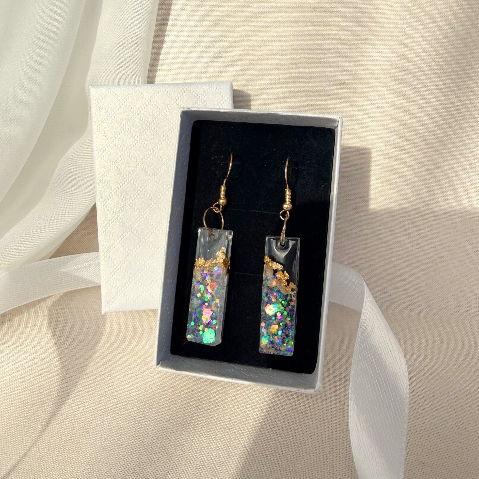 Australian handmade dangle earrings Gilded Shore presented in gift box with ribbon
