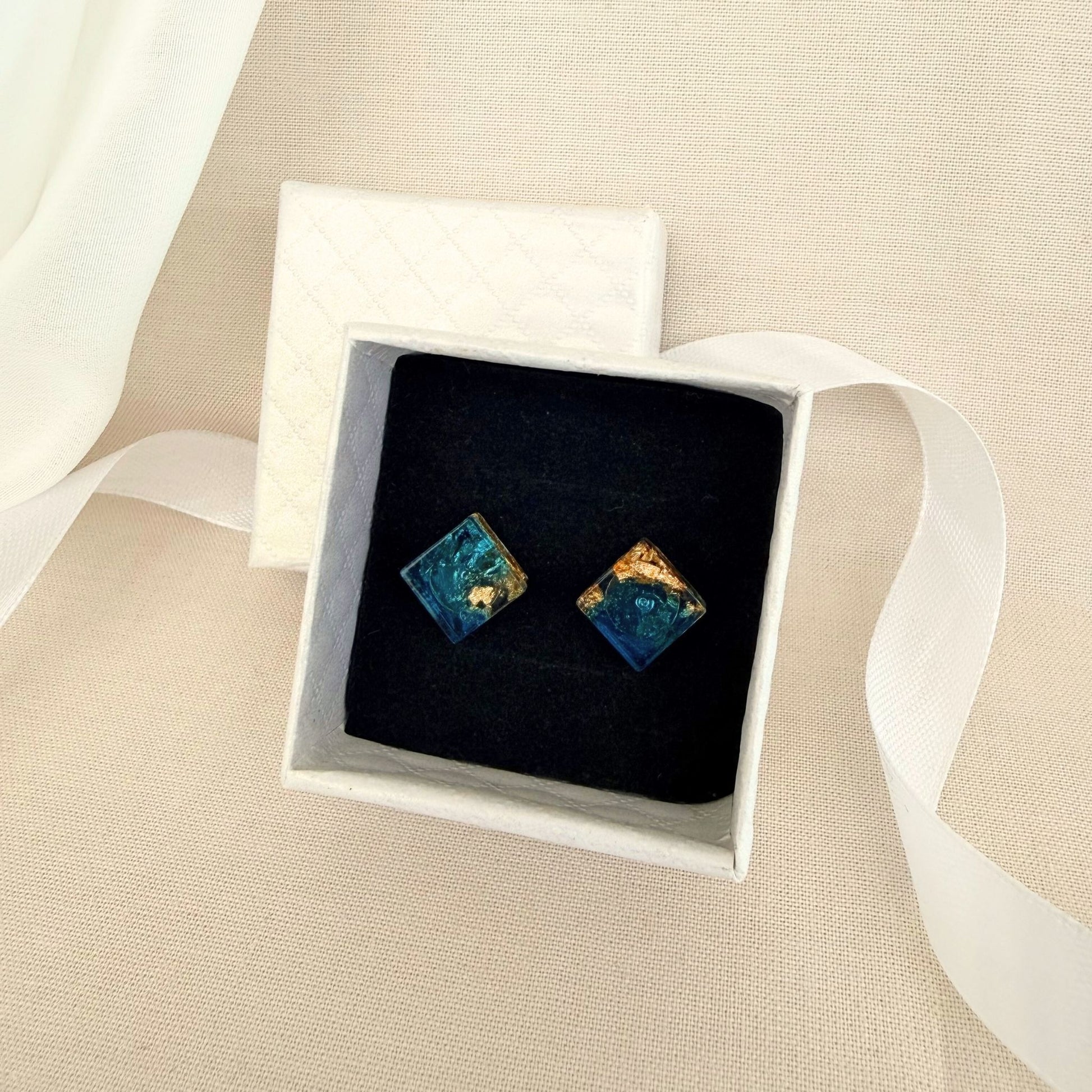 Australian handmade stud earrings Gilded Tide presented in gift box with ribbon.