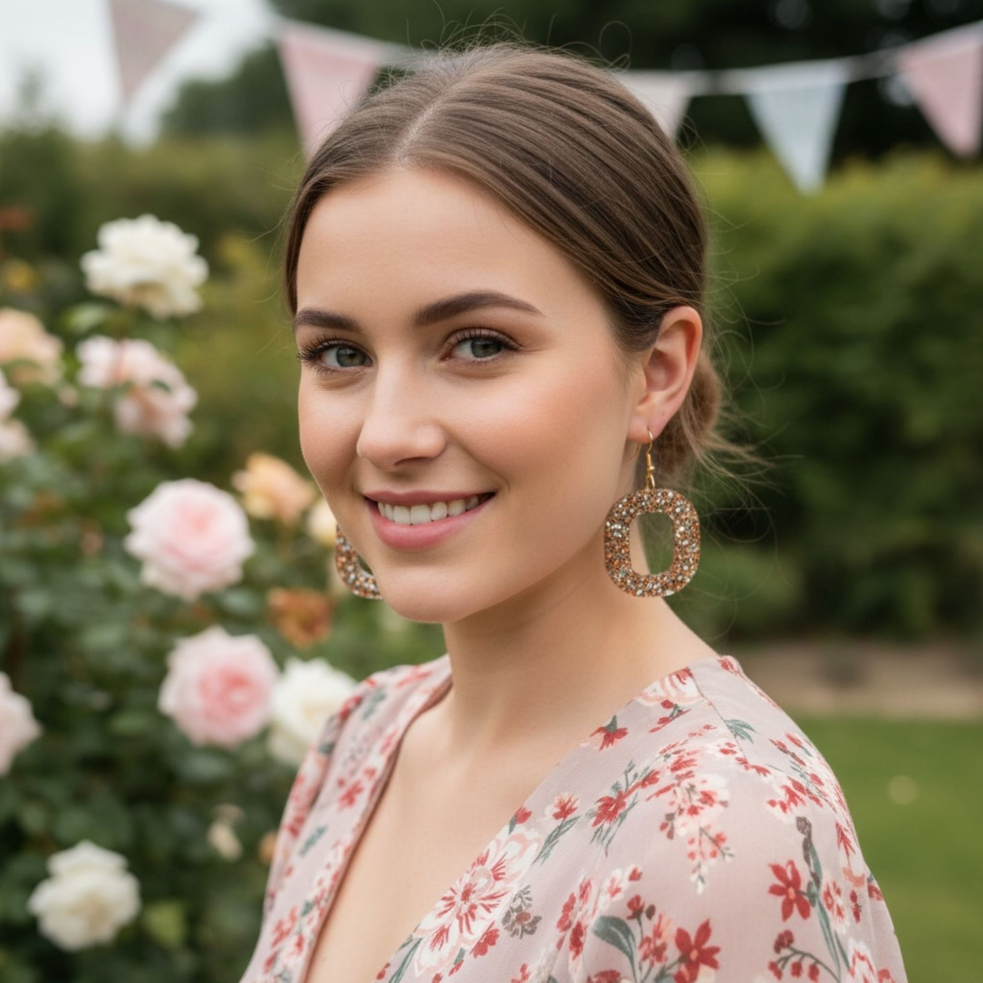 Australian handmade dangle earrings Gold Digger worn by model for joyful everyday sparkle