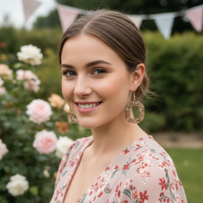 Australian handmade dangle earrings Gold Digger worn by model for joyful everyday sparkle
