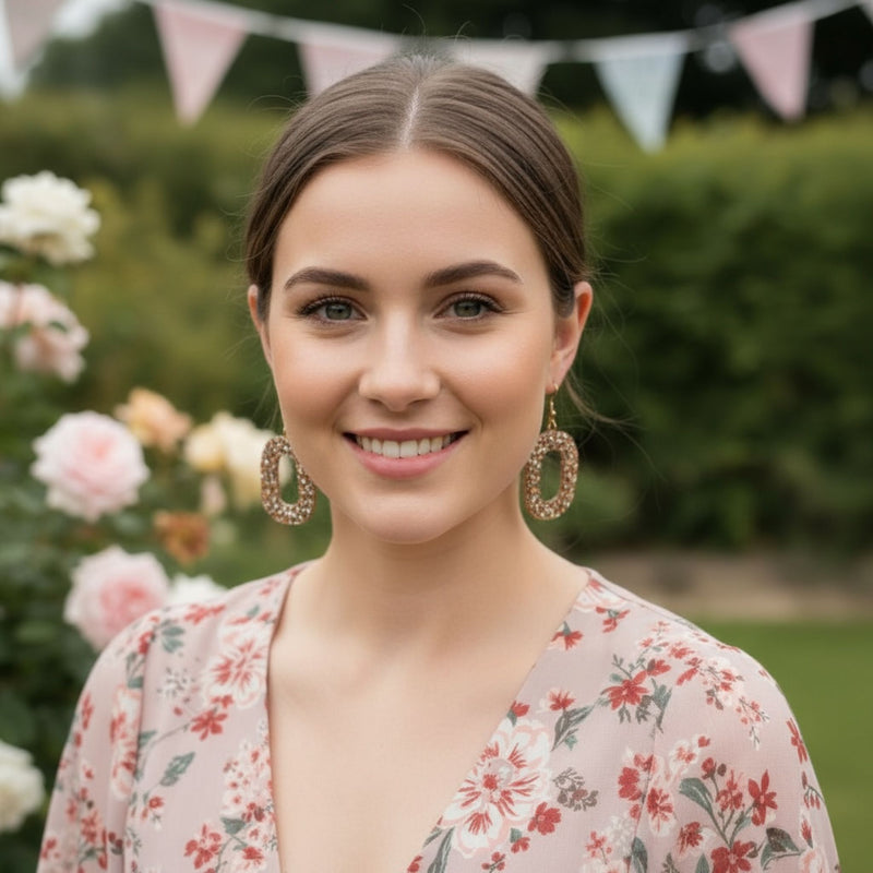 Australian handmade dangle earrings Gold Digger worn by model for playful everyday sparkle