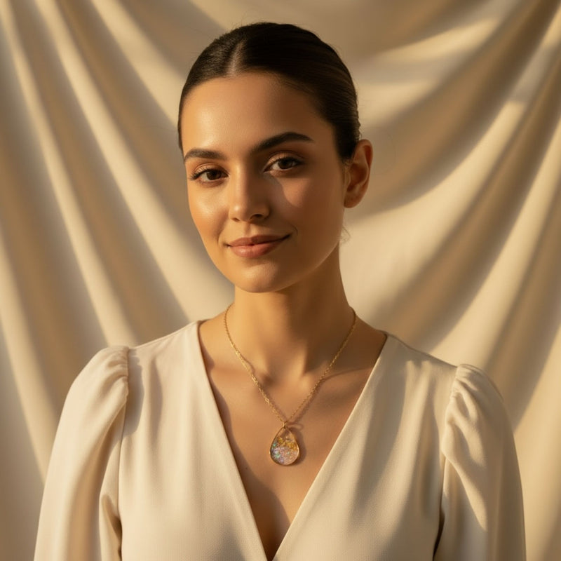 Model wearing Golden Light necklace in clear resin with gold accents, handmade in Australia by Katie Tilson Studios