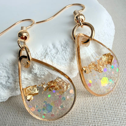 Close up of lightweight handmade earrings Golden Light