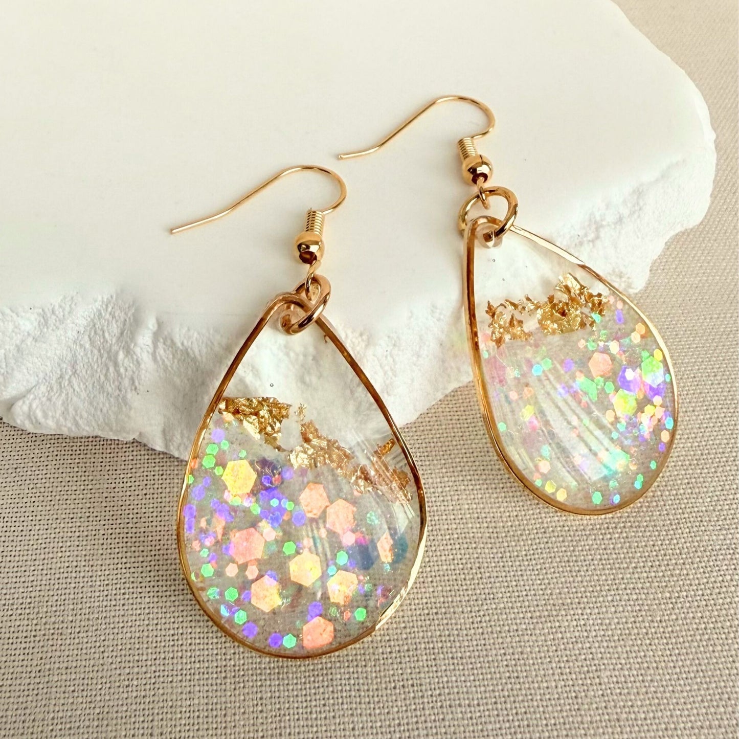 Australian handmade earrings Golden Light in large size with gold leaf and soft shimmer