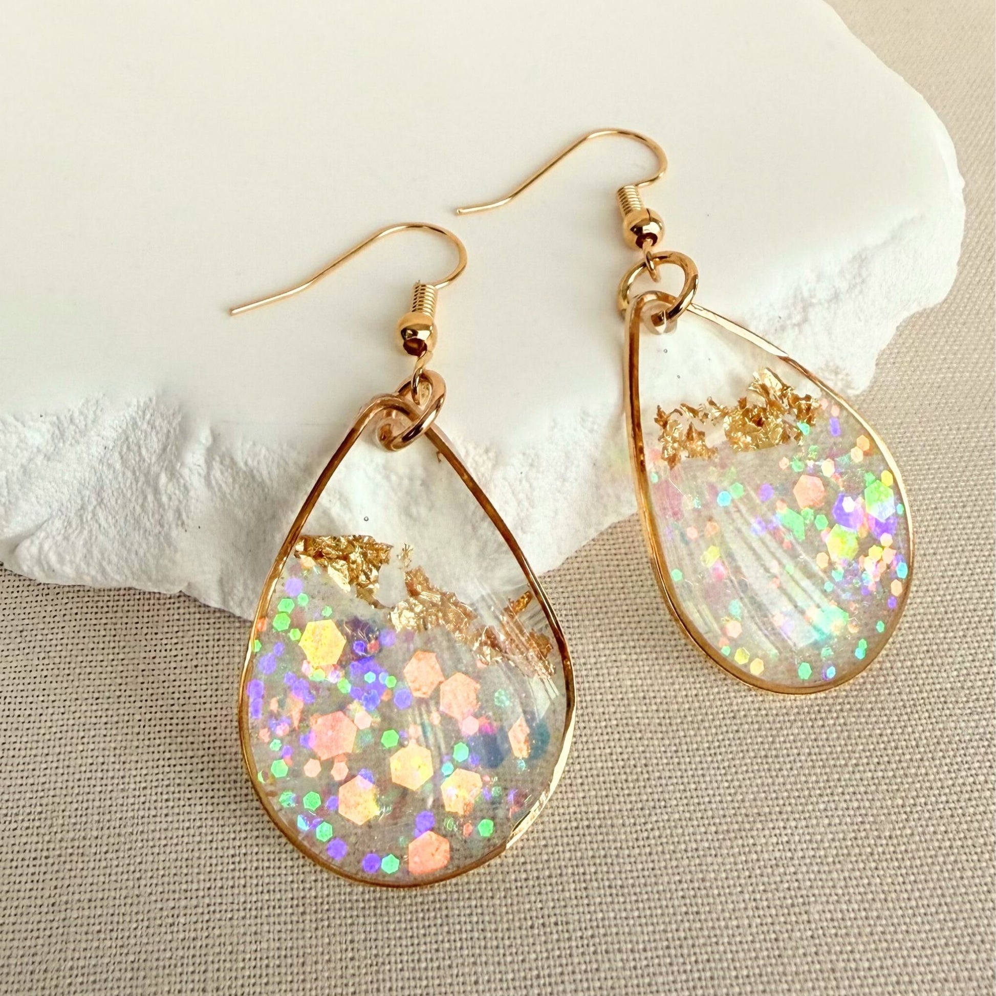 Australian handmade earrings Golden Light in large size with gold leaf and soft shimmer