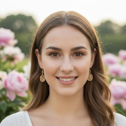 Australian handmade dangle earrings Golden Gleam worn for everyday sparkle