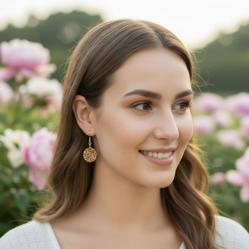 Australian handmade dangle earrings Golden Gleam worn for whimsical sparkle