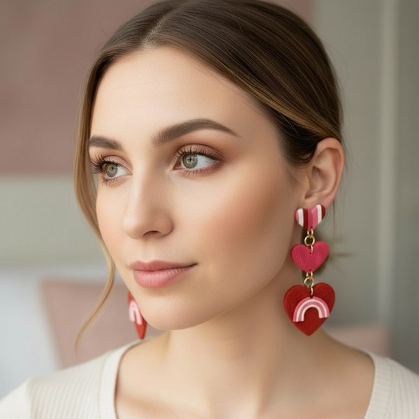 Australian handmade drop earrings Head Over Heels Hearts worn for joyful everyday style