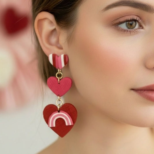 Close-up of a woman wearing heart-shaped statement earrings with a heart and rainbow design.