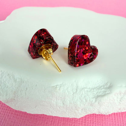Handmade stud earrings Heartfelt Sparkle Studs shown in pink colour option with gold findings