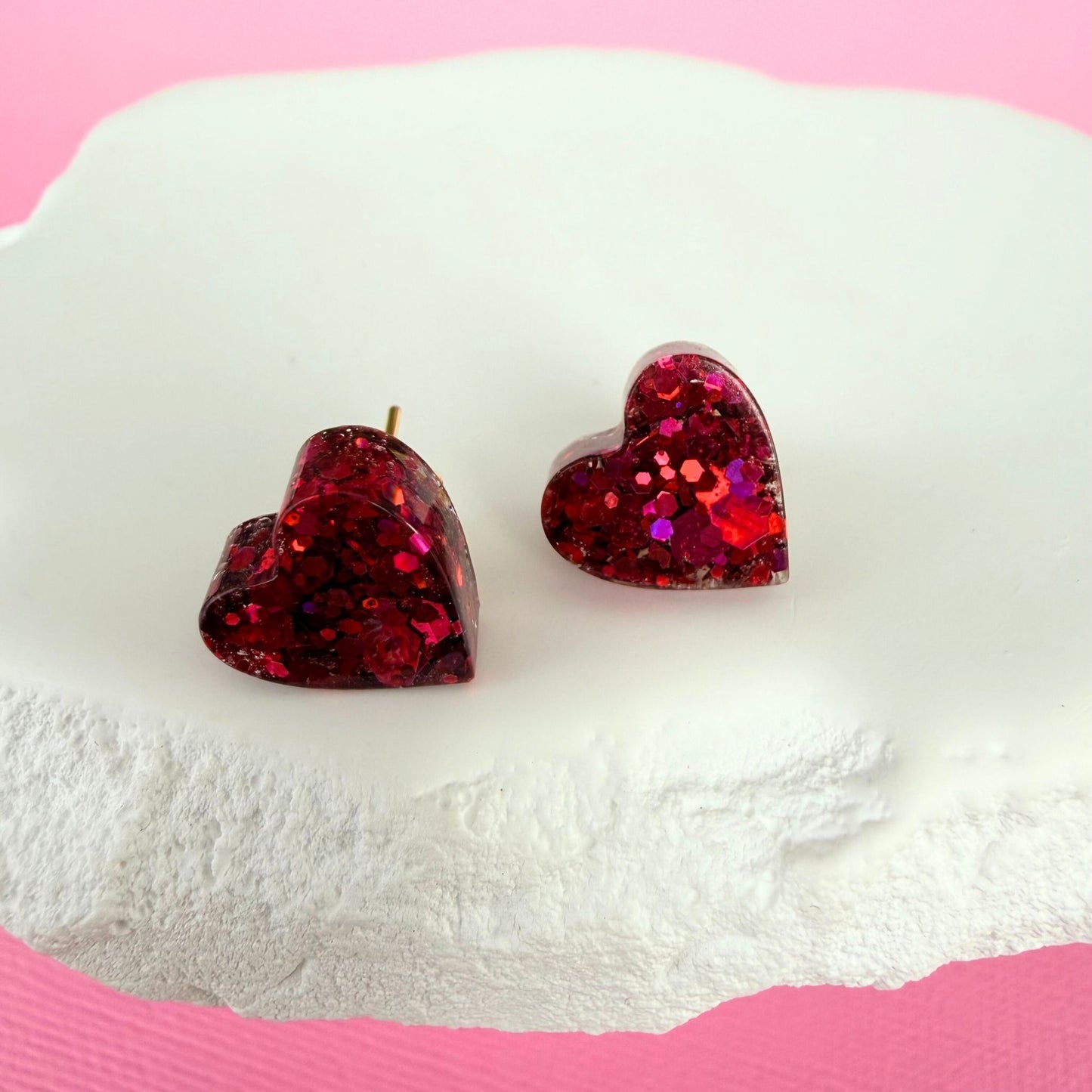 Handmade stud earrings Heartfelt Sparkle Studs shown in pink colour option