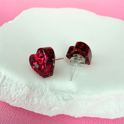Handmade stud earrings Heartfelt Sparkle Studs shown in pink colour option with silver findings