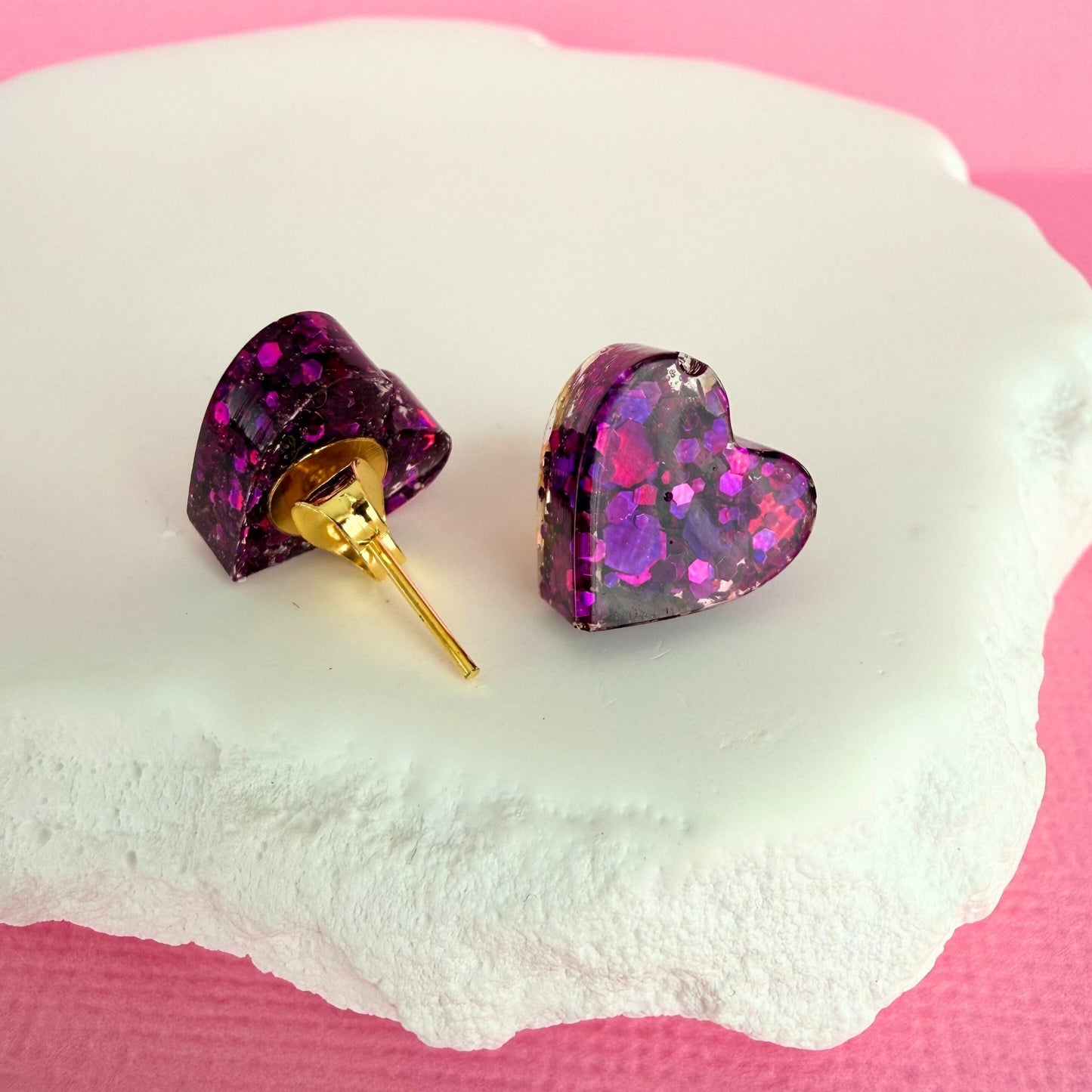 Handmade stud earrings Heartfelt Sparkle Studs shown in purple colour option with gold findings