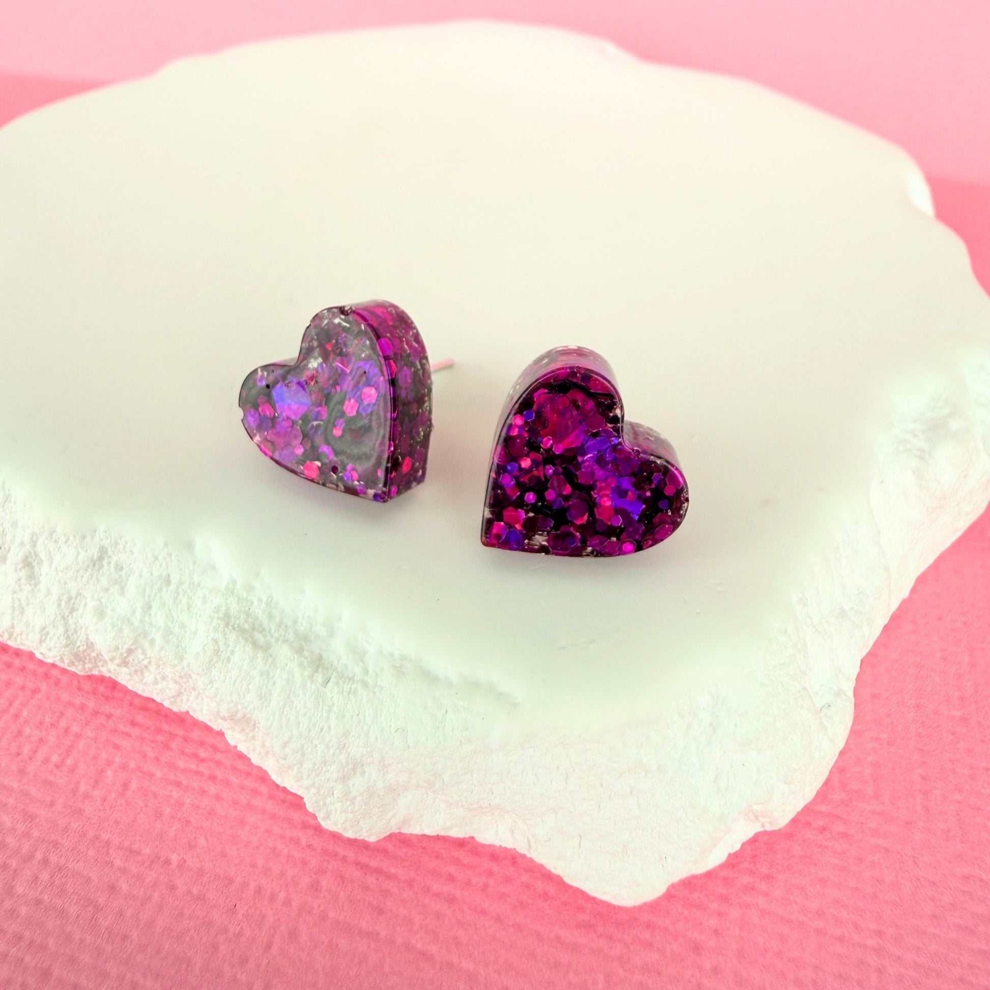 Handmade stud earrings Heartfelt Sparkle Studs shown in purple colour option