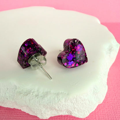 Handmade stud earrings Heartfelt Sparkle Studs shown in purple colour option with silver findings