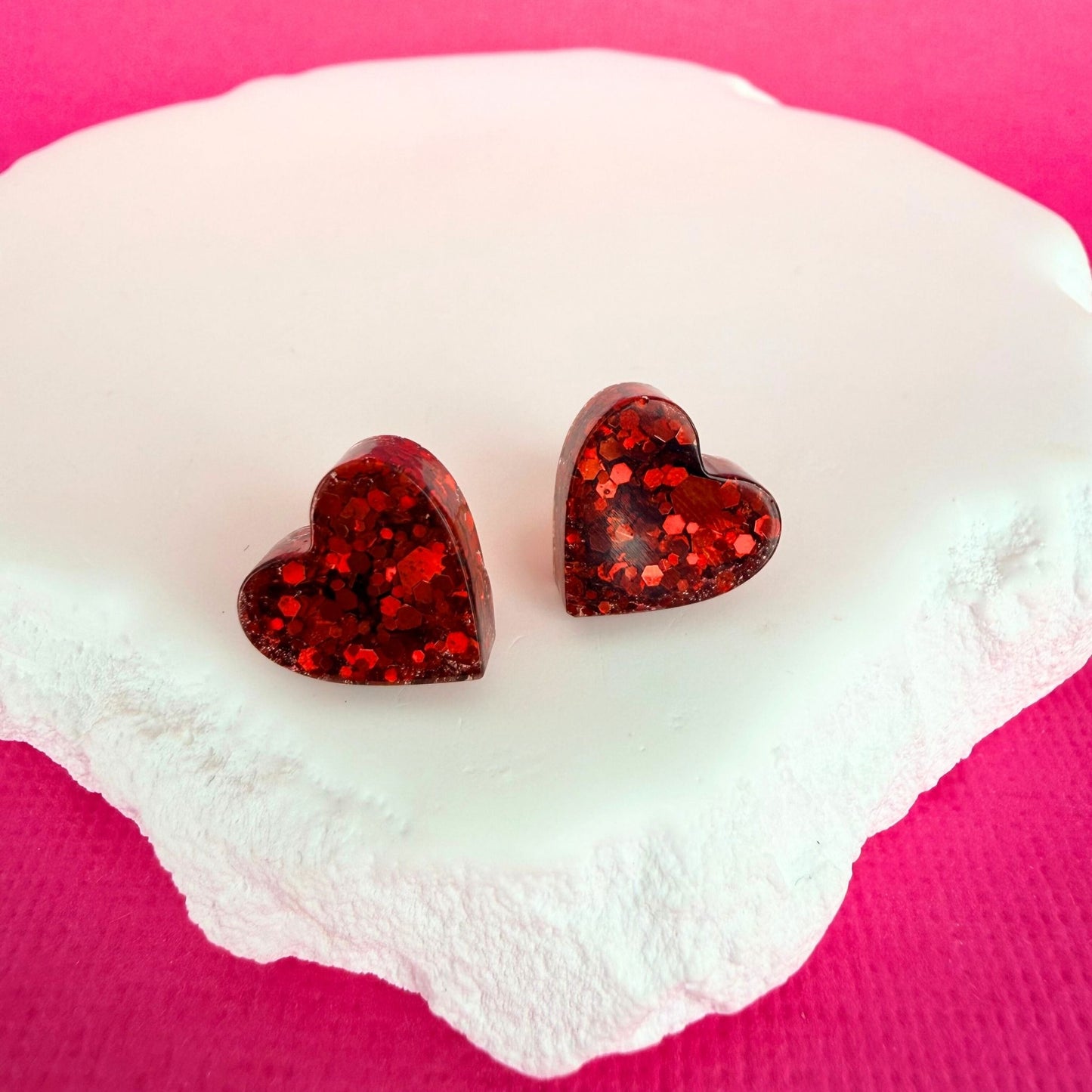 Handmade stud earrings Heartfelt Sparkle Studs shown in red colour option