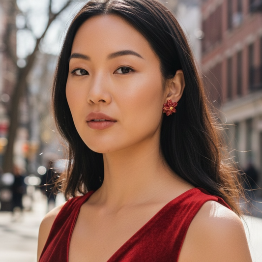 Australian handmade stud earrings Holiday Bloom worn for joyful everyday style