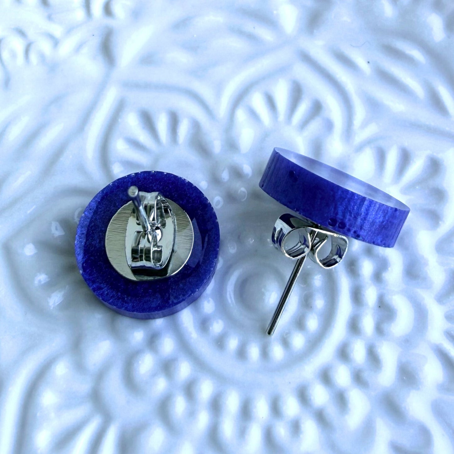 Australian handmade blue stud earrings with silver findings, Holographic Shimmer Studs