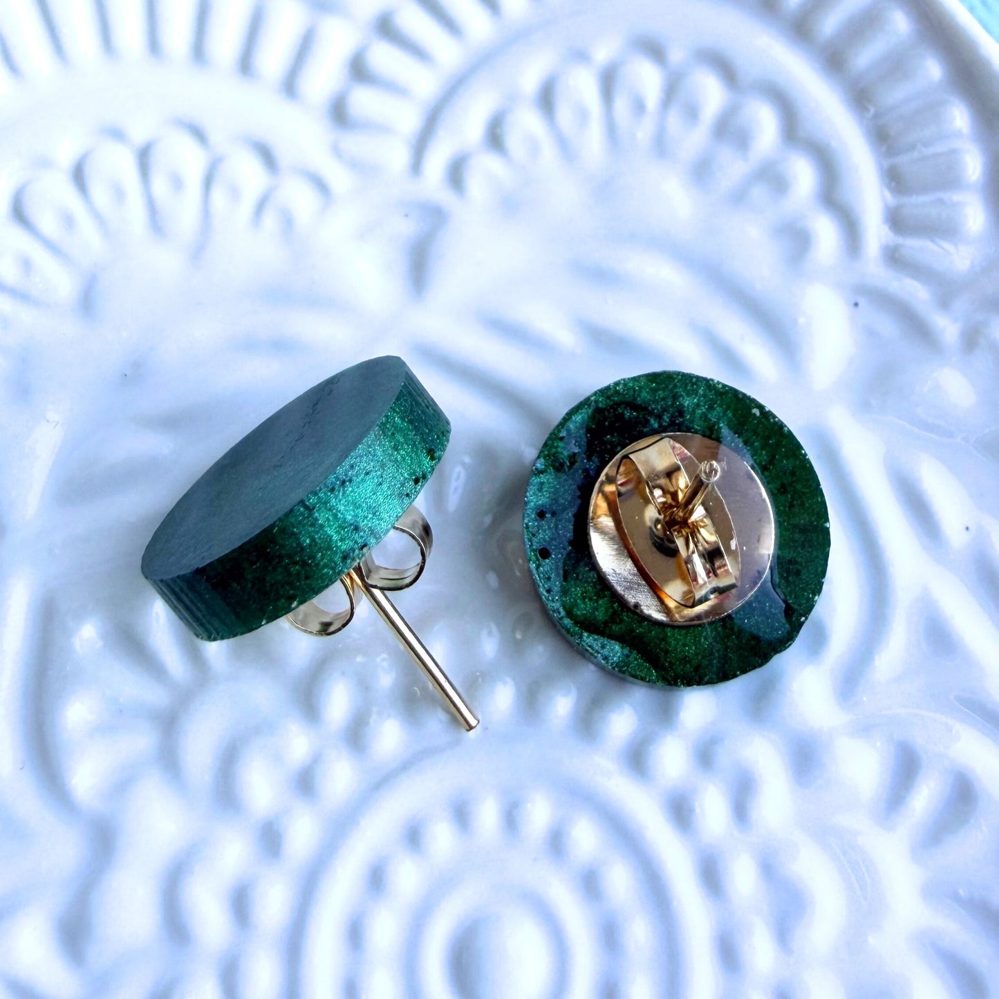 Australian handmade dark green stud earrings with gold findings, Holographic Shimmer Studs