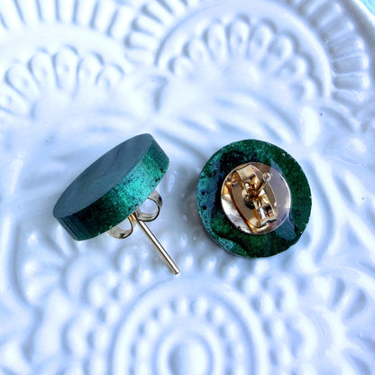 Australian handmade dark green stud earrings with gold findings, Holographic Shimmer Studs
