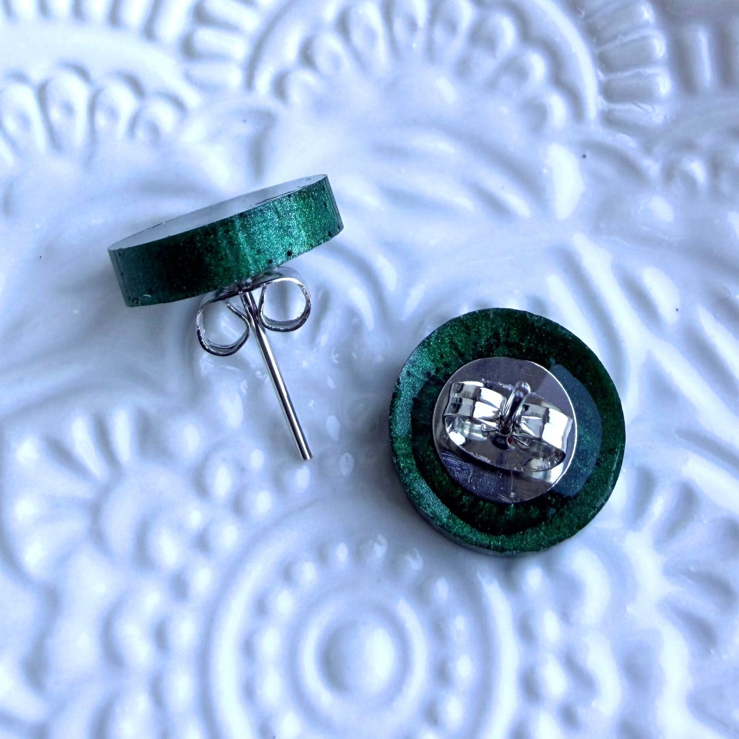 Australian handmade dark green stud earrings with silver findings, Holographic Shimmer Studs