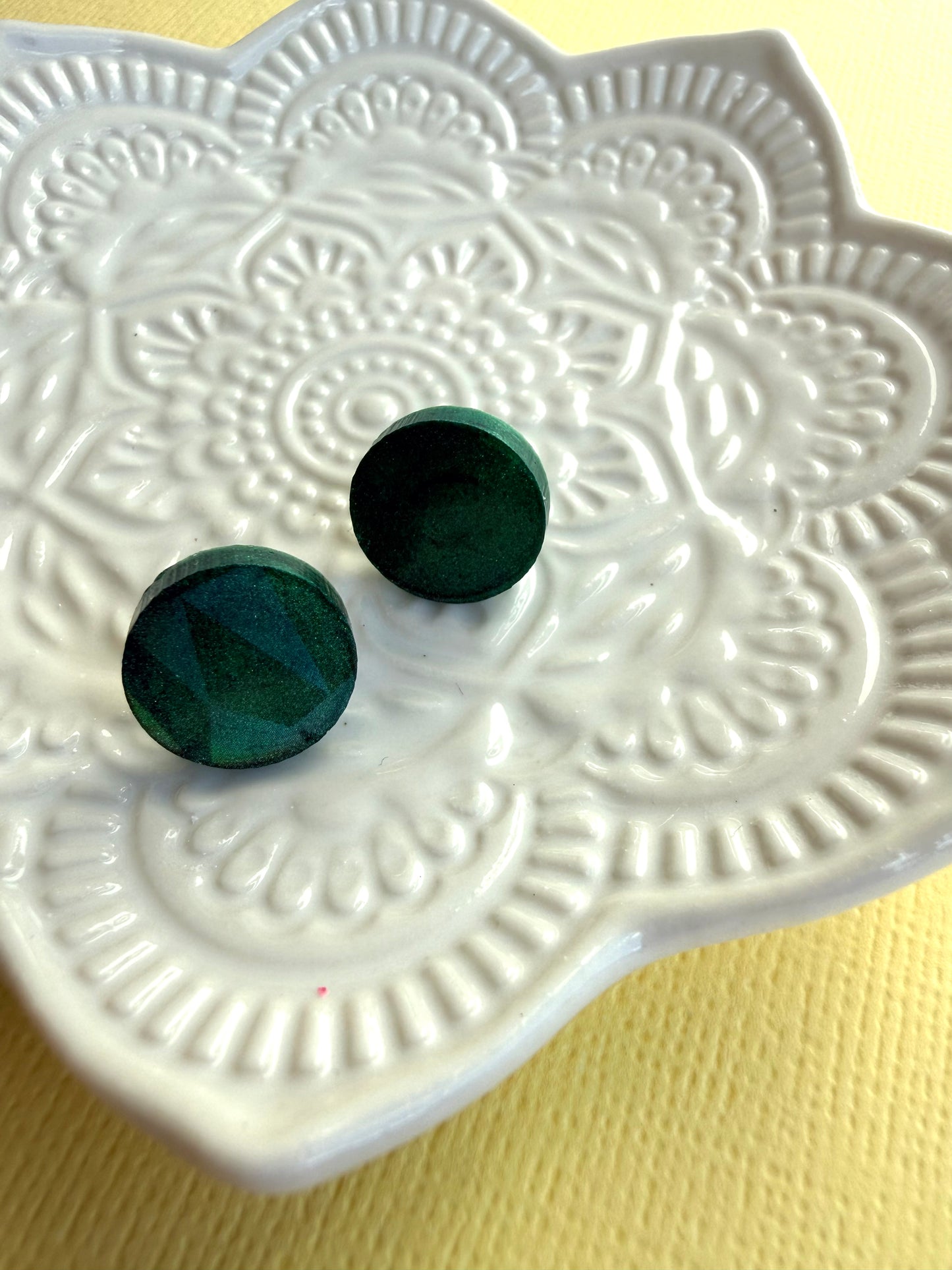 Australian handmade dark green stud earrings with gold or silver findings, Holographic Shimmer