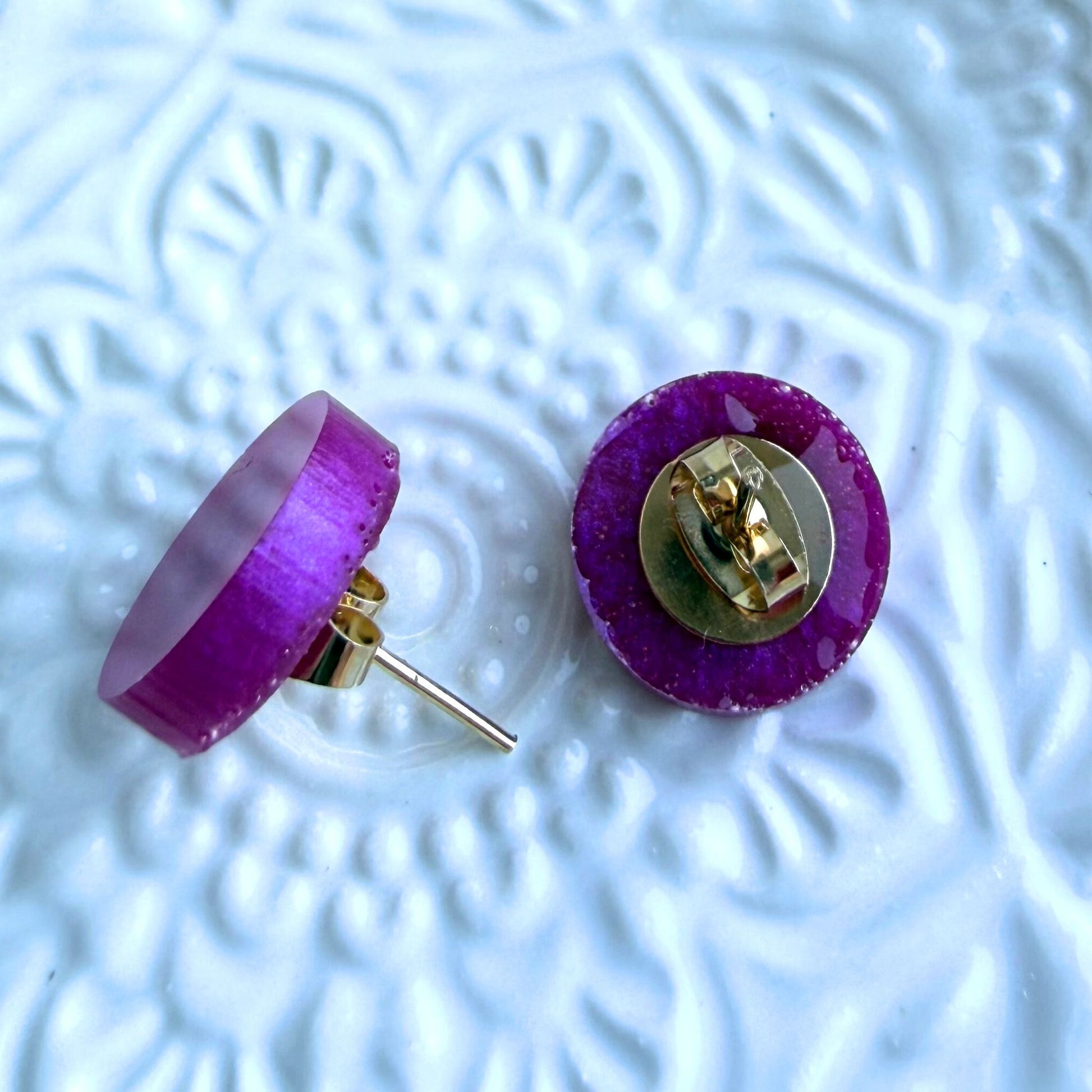 Australian handmade hot pink stud earrings with gold findings, Holographic Shimmer Studs