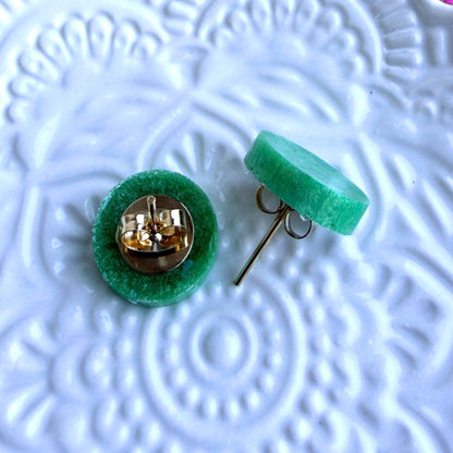 Australian handmade light green stud earrings with gold findings, Holographic Shimmer Studs