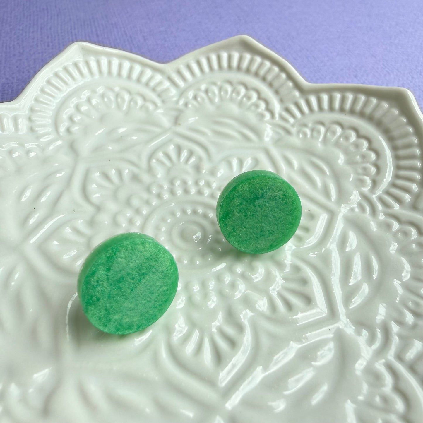 Australian handmade light green stud earrings with gold or silver findings, Holographic Shimmer