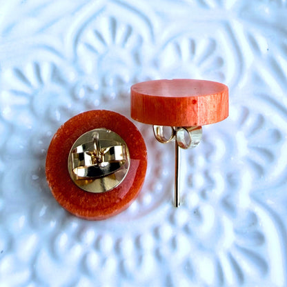 Australian handmade orange stud earrings with gold findings, Holographic Shimmer Studs