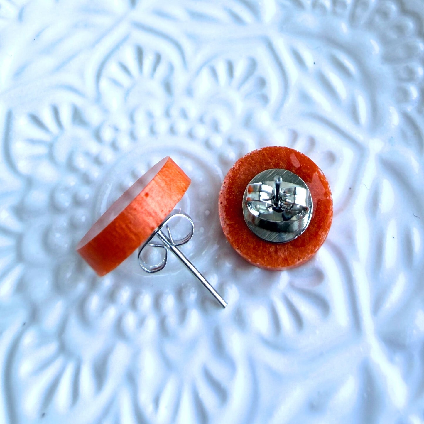 Australian handmade orange stud earrings with silver findings, Holographic Shimmer Studs