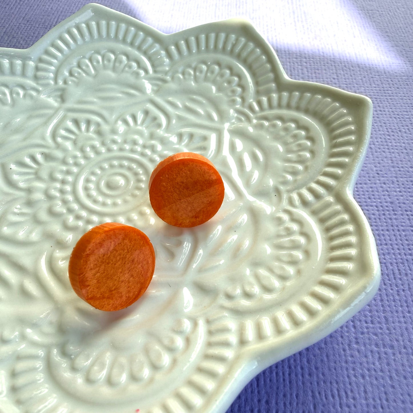 Australian handmade orange stud earrings with gold or silver findings, Holographic Shimmer