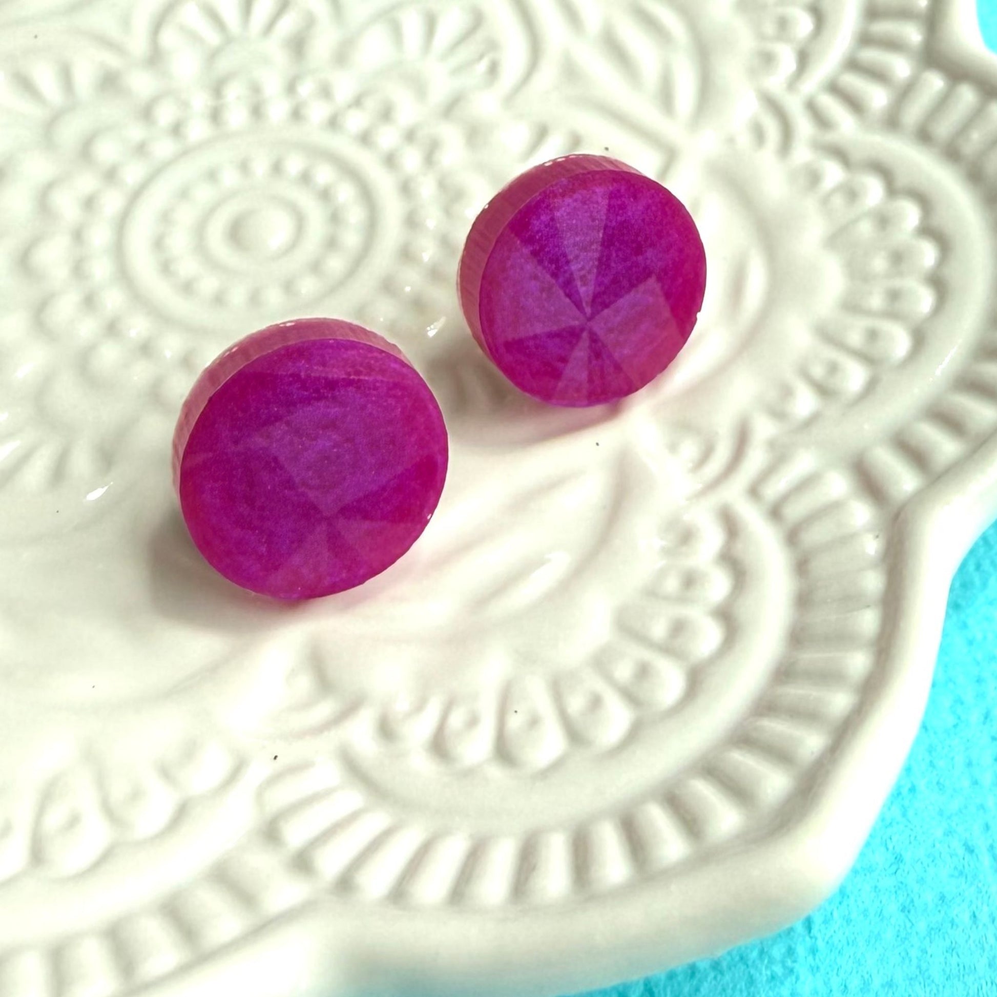 Australian handmade pink stud earrings with gold or silver findings, Holographic Shimmer