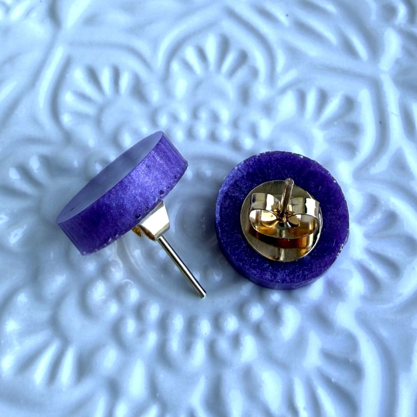 Australian handmade purple stud earrings with gold findings, Holographic Shimmer Studs