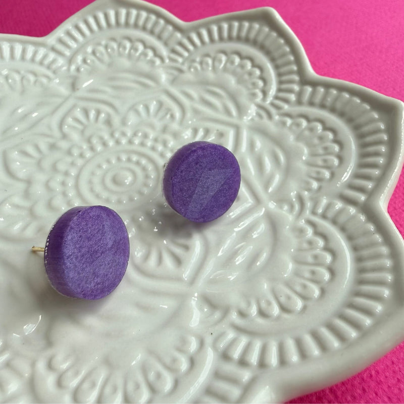 Australian handmade purple stud earrings with gold or silver findings, Holographic Shimmer