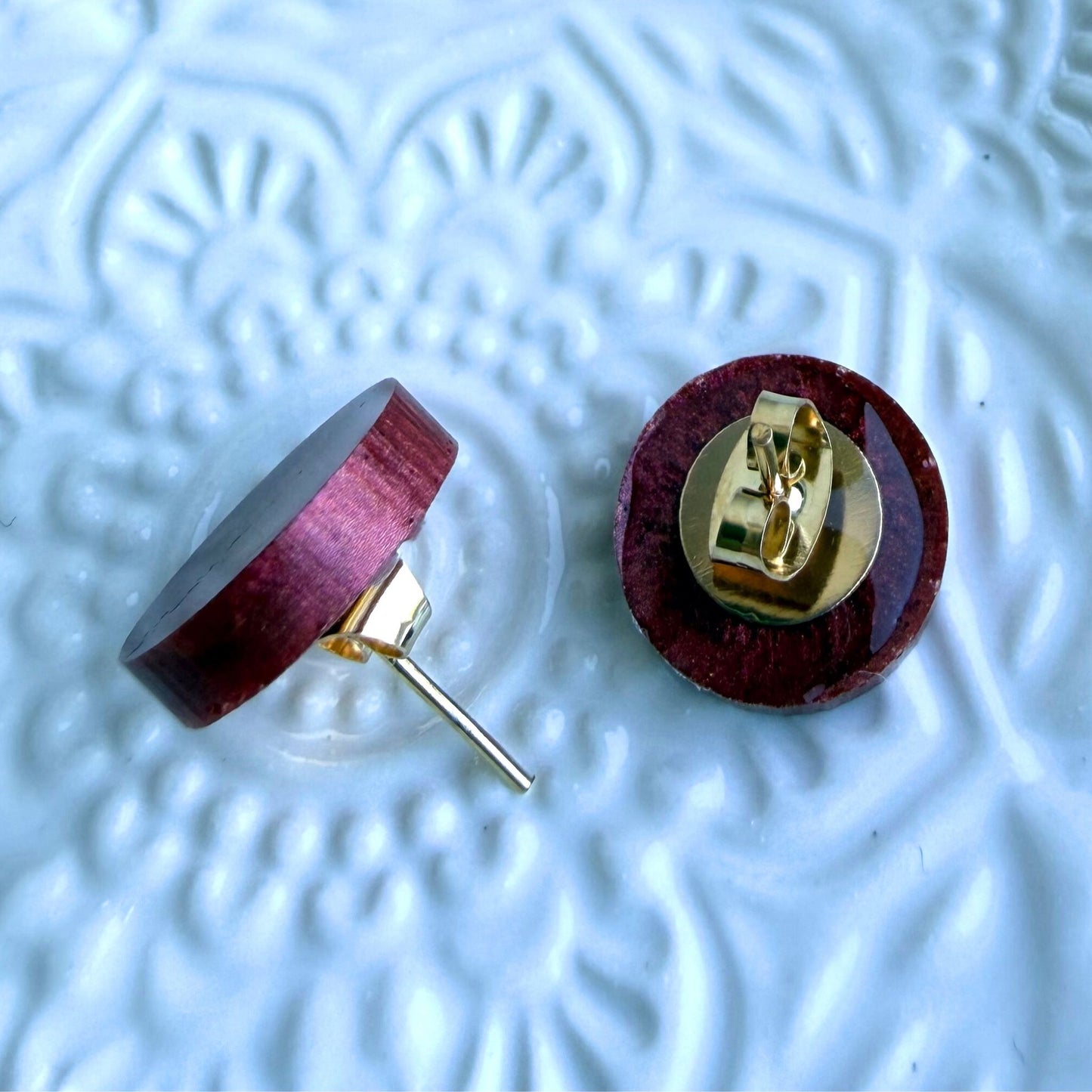 Australian handmade rust stud earrings with gold findings, Holographic Shimmer Studs