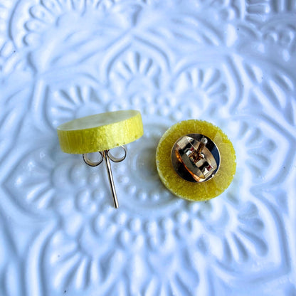 Australian handmade yellow stud earrings with gold findings, Holographic Shimmer Studs