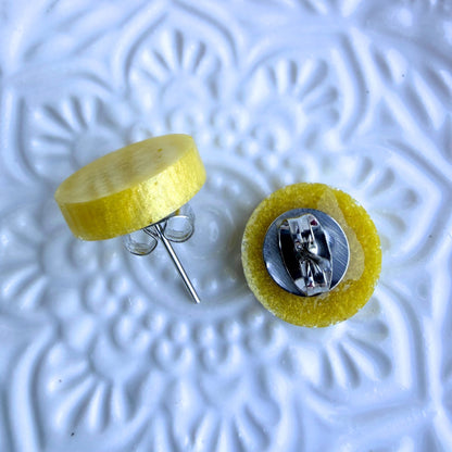 Australian handmade yellow stud earrings with silver findings, Holographic Shimmer Studs